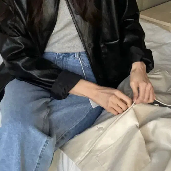 [BUNJANG] Doondoh Vegan Leather Jacket Black / 드온도 비건 레더 자켓