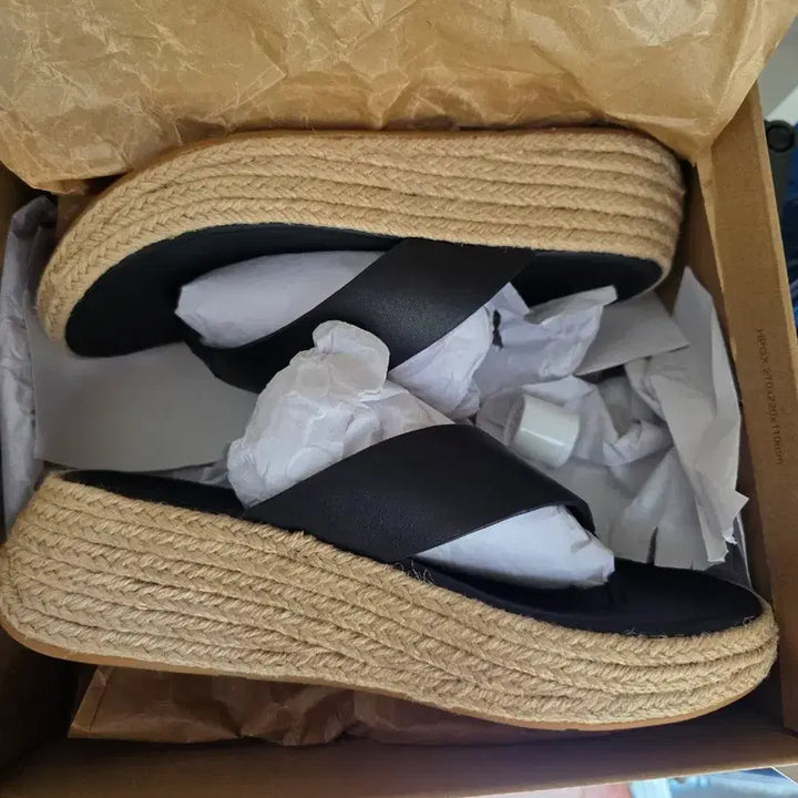 [BUNJANG] Fitflop F-Mode Espadrille Wedge Platform Flip-Flops Black Leather / (미사용)핏플랍 F 모드 쪼리 에스파듀 통굽 키높이 슬리퍼  블랙 가죽