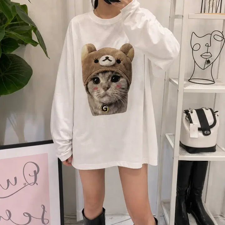[BUNJANG] G-STELLA Cat Character Long Sleeve T-Shirt Dress / 고양이 캐릭터 프린팅 롱 슬리브 원피스 박시핏