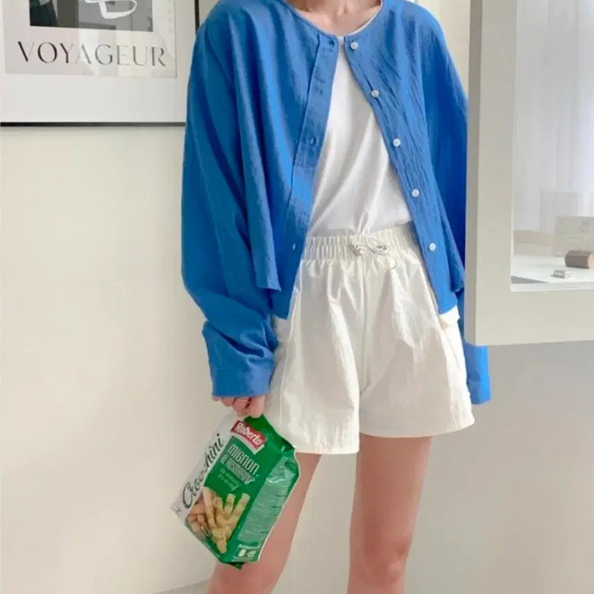 [BUNJANG] Linen Shirt Blue Cardigan / 린넨 셔츠 블루 가디건