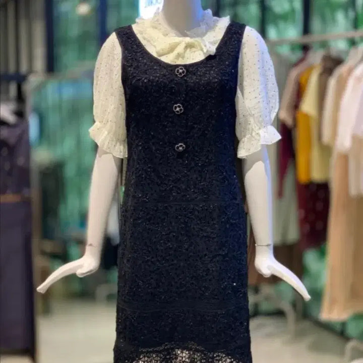 [BUNJANG] DEWL Lace Flower Button Dress Black Size 55 / 듀엘 원피스
