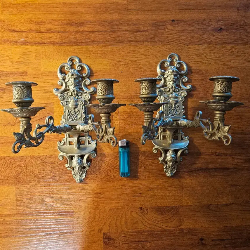 [BUNJANG] Vintage Italian Solid Brass 2-Arm Wall Sconce (Set of 2) / 올드 빈티지 이태리 황동 벽걸이 2구 촛대(캔들) 2개.