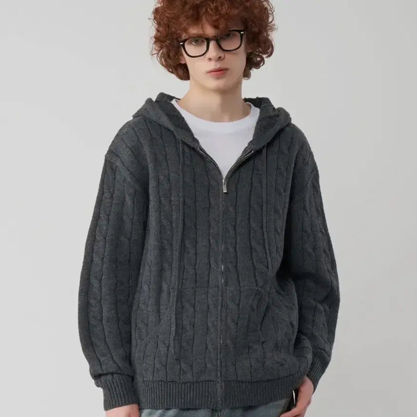 [BUNJANG] Untapped Studio Oversized Cable Knit Hooded Zip-Up Charcoal M / 언탭트 스튜디오 오버핏 케이블 니트 후드집업 차콜 [M사이즈]