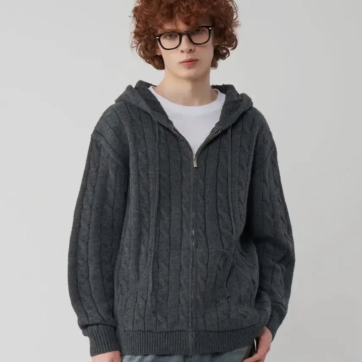 [BUNJANG] Untapped Studio Oversized Cable Knit Hooded Zip-Up Charcoal M / 언탭트 스튜디오 오버핏 케이블 니트 후드집업 차콜 [M사이즈]