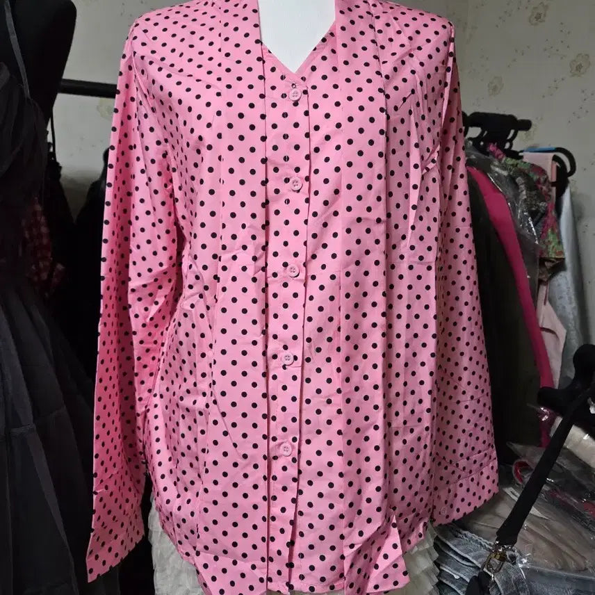 [BUNJANG] Pink Dot Long Sleeve Blouse / 핑크 도트 긴팔 블라우스