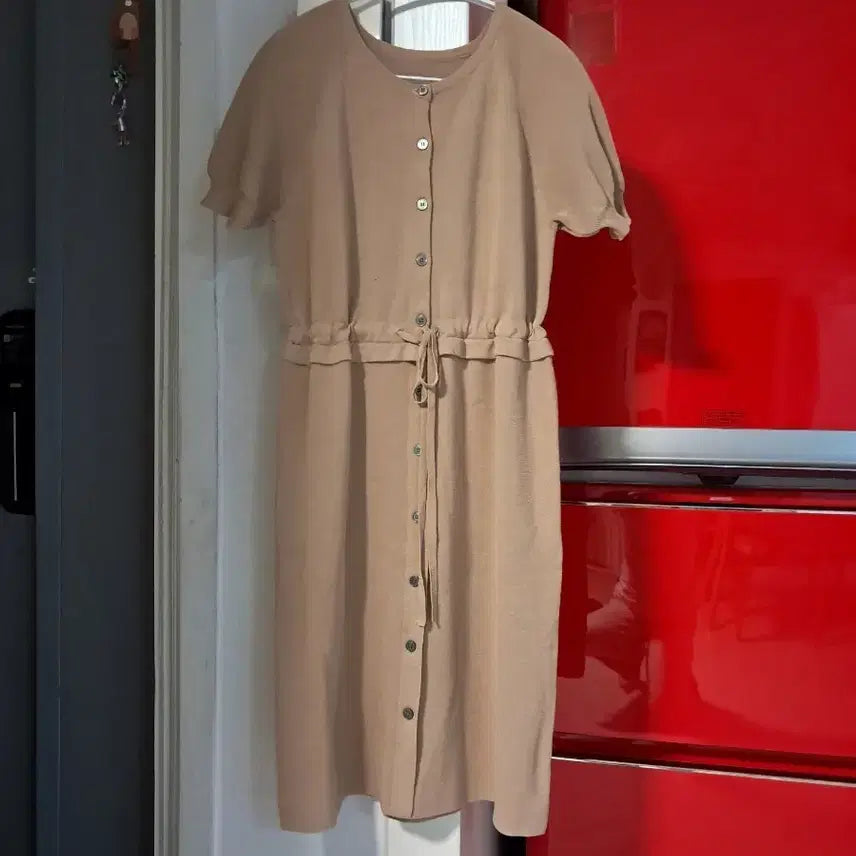 [BUNJANG] Beige Knit Long Dress with Waist String / 베이지 니트 롱 원피스 허리 스트링