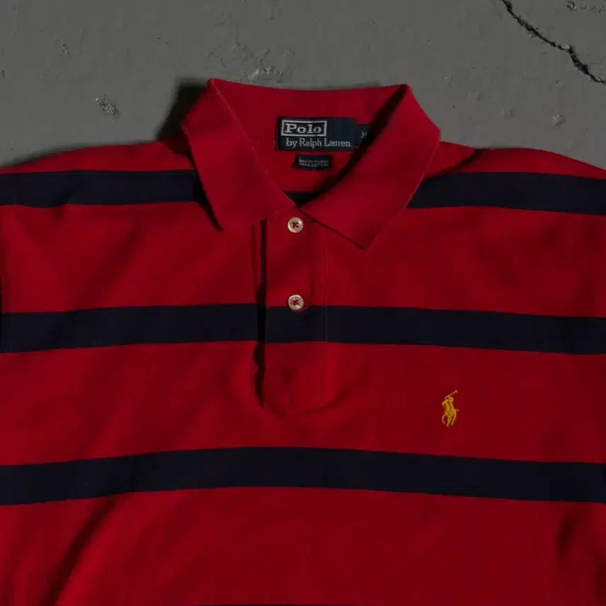 [BUNJANG] Polo Ralph Lauren Red Navy Stripe Pique Shirt - Size M / 폴로 랄프로렌(Polo Ralph Lauren) 레드, 네이비 스트라이프