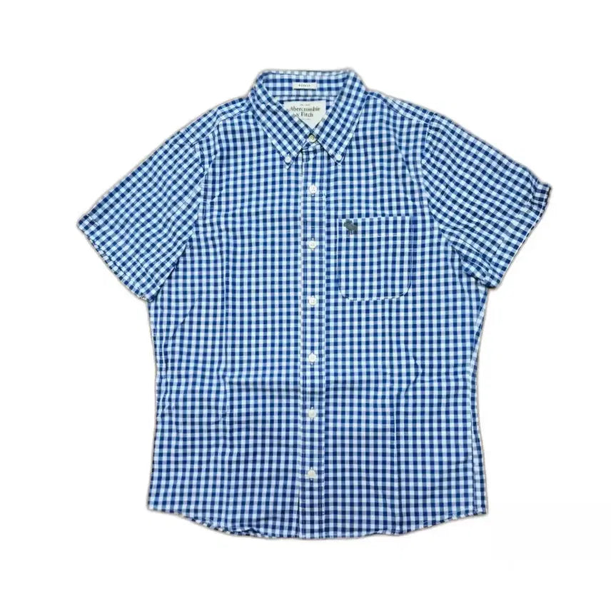 [BUNJANG] Abercrombie &amp; Fitch Classic Blue Gingham Muscle Fit Short Sleeve Shirt M / 아베크롬비 앤피치 클래식 블루 깅엄체크 패턴 머슬핏 반팔셔츠 M