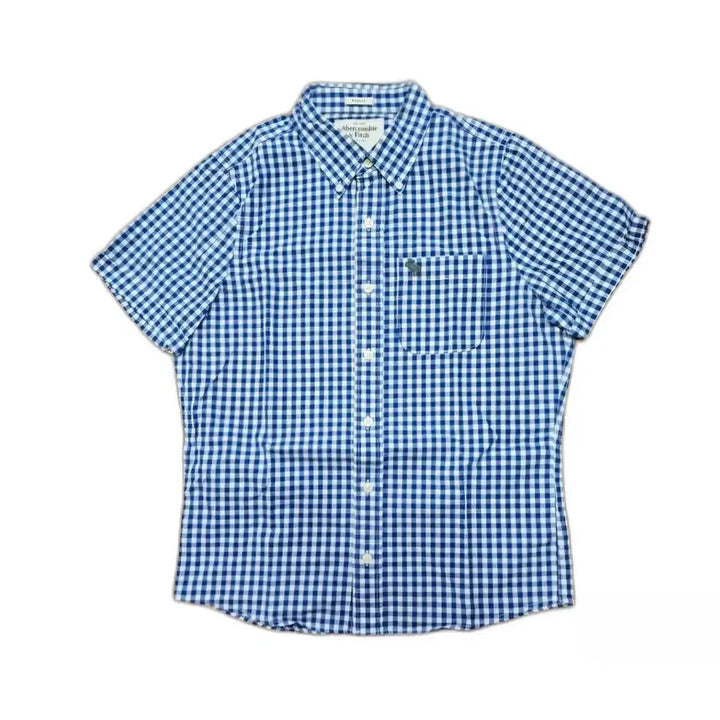 [BUNJANG] Abercrombie &amp; Fitch Classic Blue Gingham Muscle Fit Short Sleeve Shirt M / 아베크롬비 앤피치 클래식 블루 깅엄체크 패턴 머슬핏 반팔셔츠 M