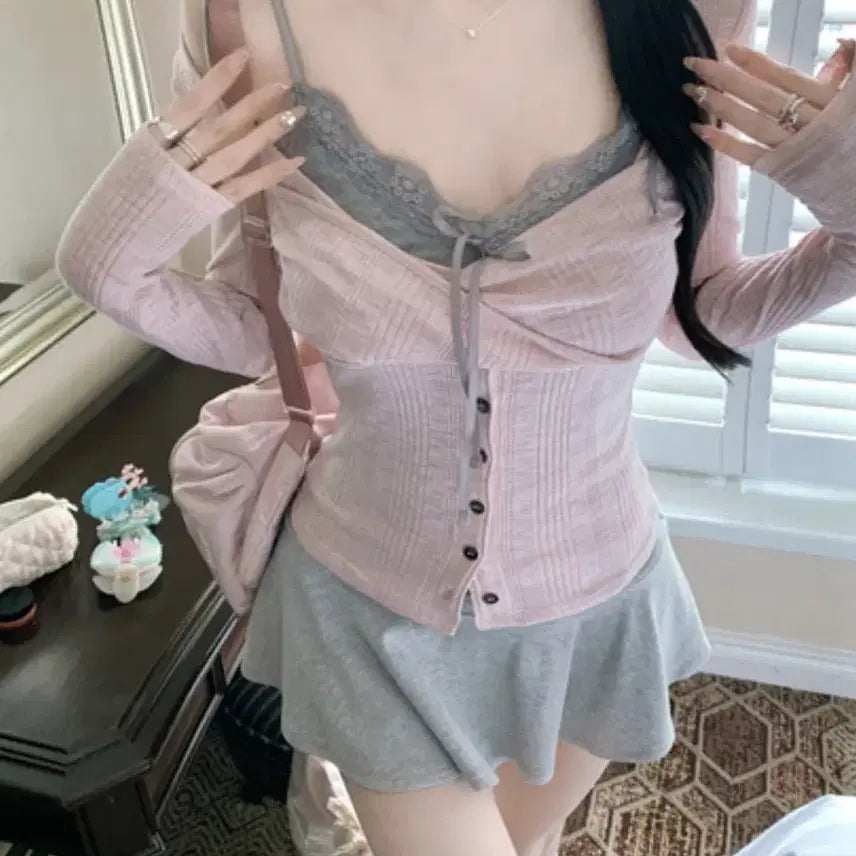 [BUNJANG] Pink Layered Long Sleeve Knit / 에이블리 교신가능 / 핑크 레이어드 긴팔니트