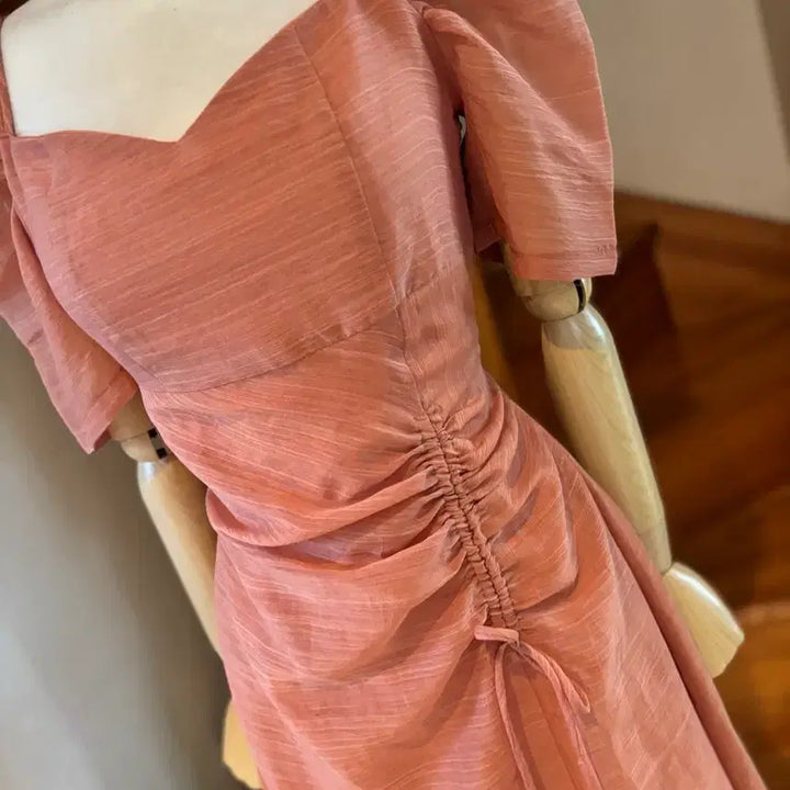 [BUNJANG] Coral Shirring Tie Dress Puff Short Sleeve / 코랄 셔링 끈 원피스 퍼프 반팔