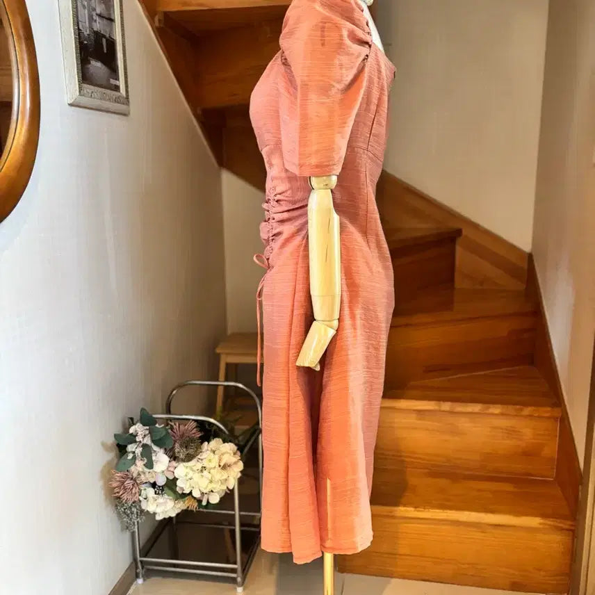 [BUNJANG] Coral Shirring Tie Dress Puff Short Sleeve / 코랄 셔링 끈 원피스 퍼프 반팔