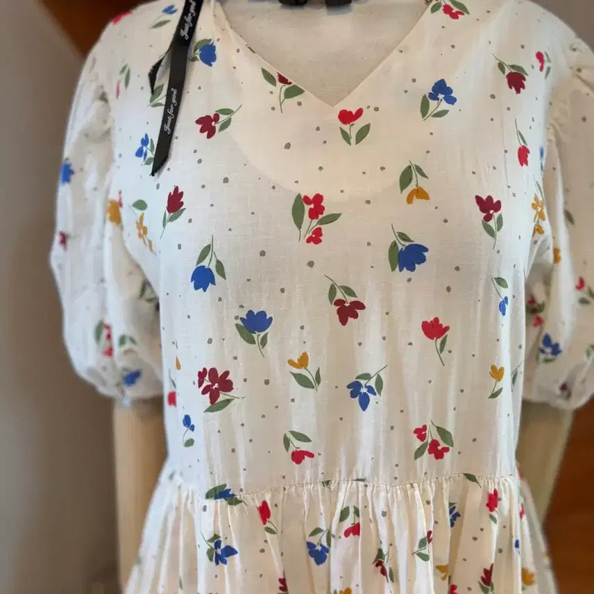 [BUNJANG] Eun Flower Pattern Puff Short Sleeve Long Dress / 플라워 패턴 퍼프 반팔 롱 원피스. Eun