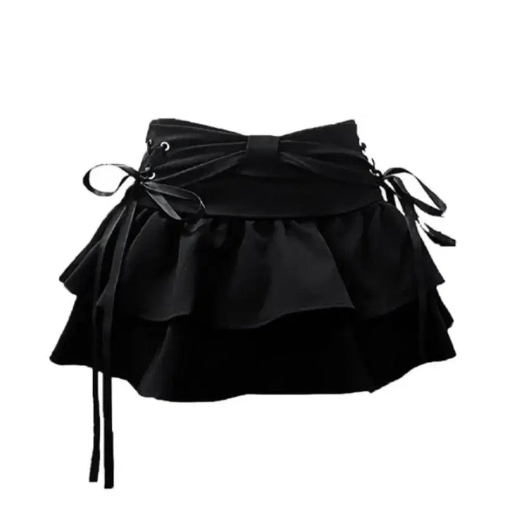 [BUNJANG] Black Ribbon Tiered Mini Skirt / 블랙 리본 캉캉 미니스커트