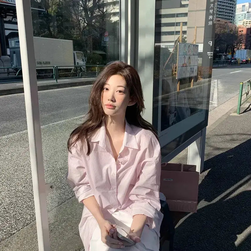 [BUNJANG] Cafe Stripe Shirt Pink / 제니오 카페 스트라이프 셔츠 핑크