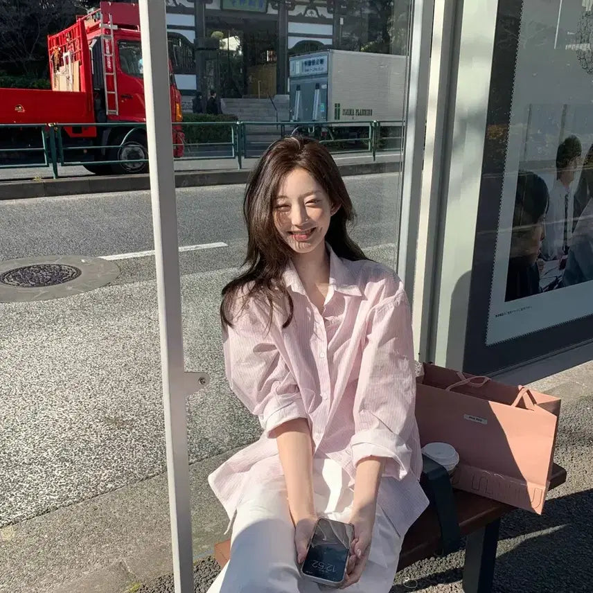 [BUNJANG] Cafe Stripe Shirt Pink / 제니오 카페 스트라이프 셔츠 핑크