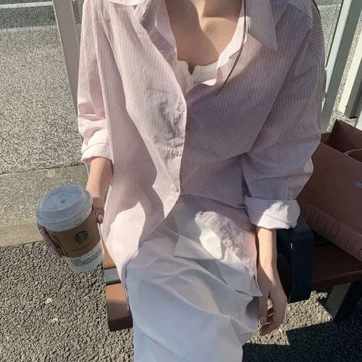[BUNJANG] Cafe Stripe Shirt Pink / 제니오 카페 스트라이프 셔츠 핑크