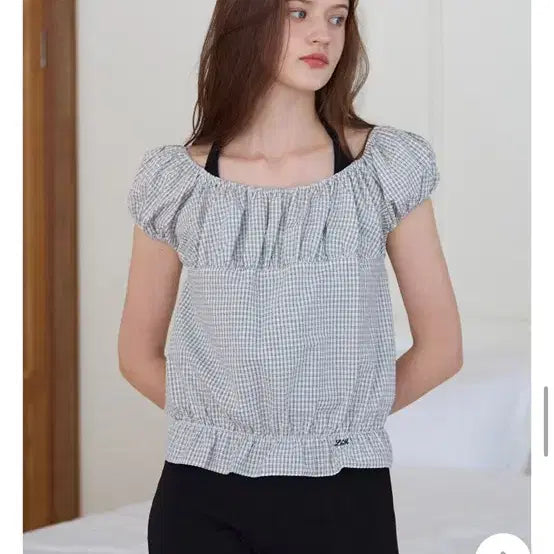[BUNJANG] Letter From Moon Monte Bending Frill Check Blouse (Ivory/M) / 레터프롬문 몬테 밴딩 프릴 체크 블라우스 (아이보리/m)