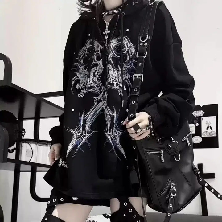 [BUNJANG] TC Subculture Long Studded Dark Hoodie Oversized Sweatshirt T-Shirt / TC 서브컬쳐 롱 스터드 다크 후드 오버핏 맨투맨 티셔츠