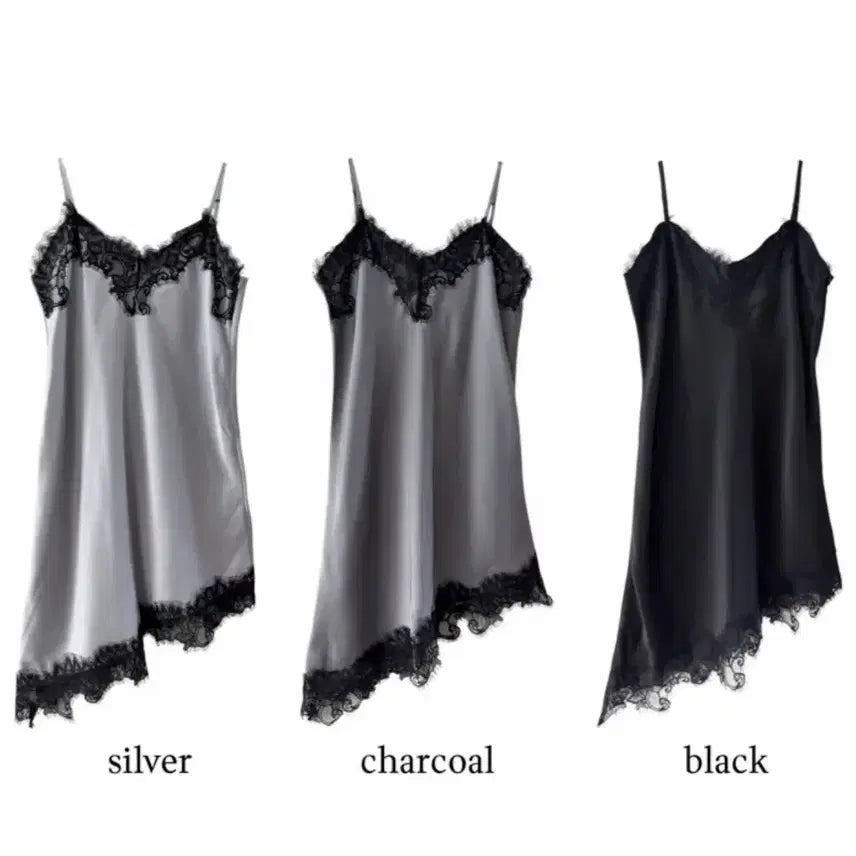 [BUNJANG] Asymmetrical Lace Camisole Slip Dress / 언발란스 레이스 슬립 나시 원피스 레이어드 샤틴 실크 에이블리 무신사