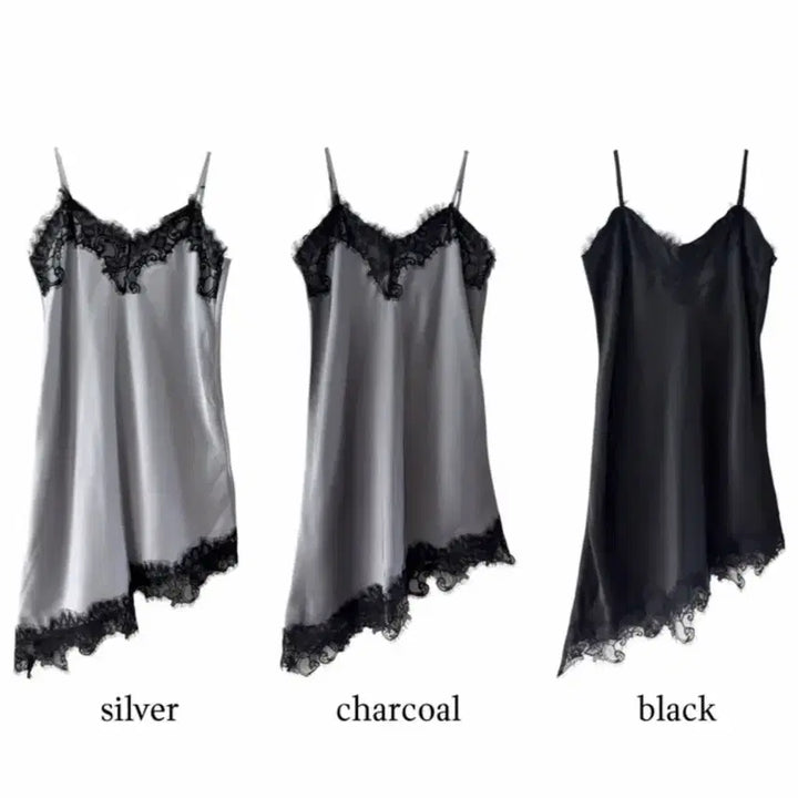[BUNJANG] Asymmetrical Lace Camisole Slip Dress / 언발란스 레이스 슬립 나시 원피스 레이어드 샤틴 실크 에이블리 무신사