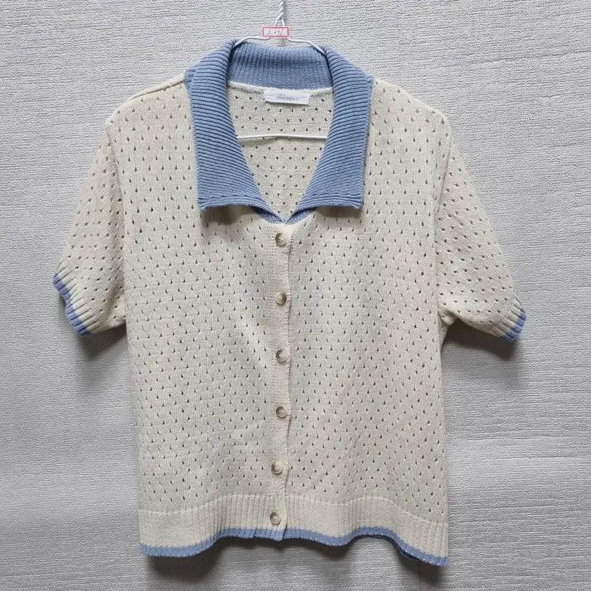 [BUNJANG] Short Sleeve Knit Cardigan - Ivory Blue Accent / 사076 반팔 니트 가디건