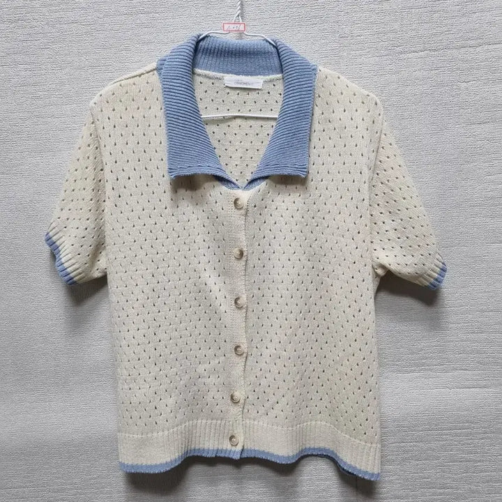 [BUNJANG] Short Sleeve Knit Cardigan - Ivory Blue Accent / 사076 반팔 니트 가디건