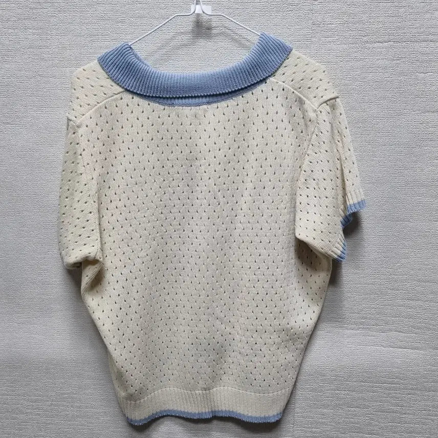 [BUNJANG] Short Sleeve Knit Cardigan - Ivory Blue Accent / 사076 반팔 니트 가디건