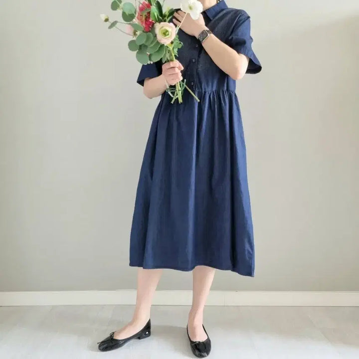[BUNJANG] Denim Short-Sleeve Long Dress / 청 데님 반팔 롱 원피스