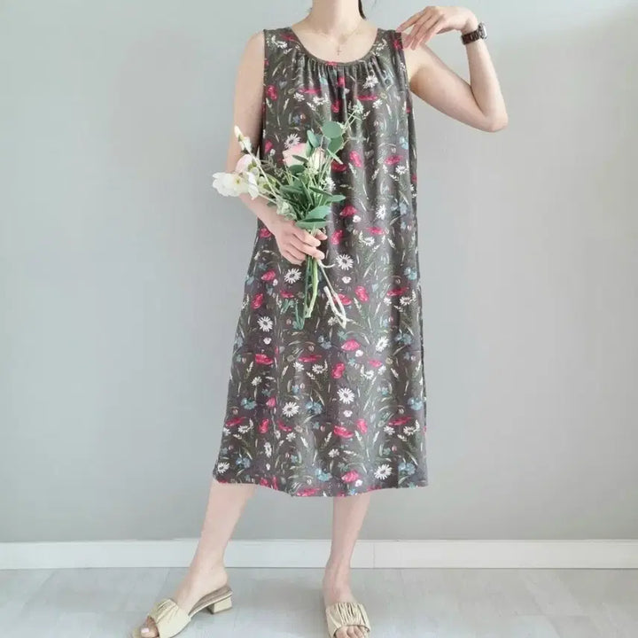 [BUNJANG] Floral Pattern Sleeveless Long Dress / 인견 플라워 패턴 롱 원피스 민소매