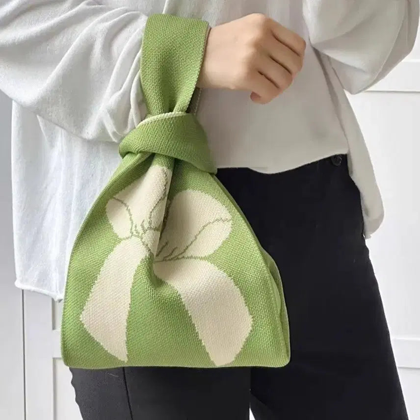[BUNJANG] Knit Knot Bag Green Flower Pattern Tote Bag / 니트 매듭 가방 그린 플라워 패턴