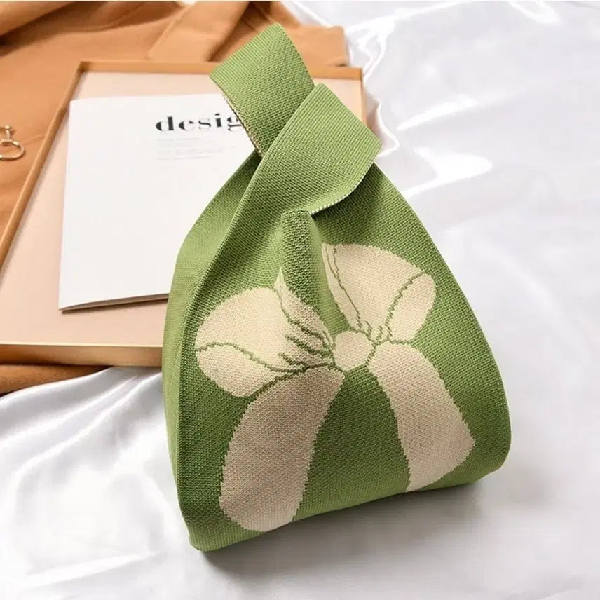 [BUNJANG] Knit Knot Bag Green Flower Pattern Tote Bag / 니트 매듭 가방 그린 플라워 패턴