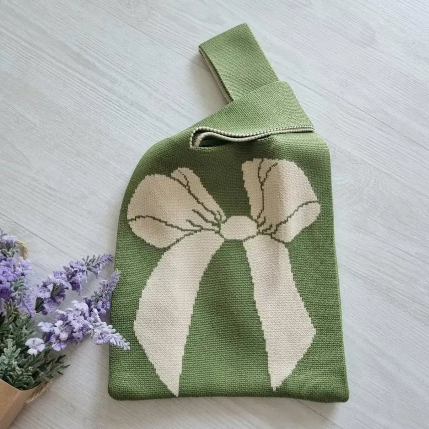 [BUNJANG] Knit Knot Bag Green Flower Pattern Tote Bag / 니트 매듭 가방 그린 플라워 패턴