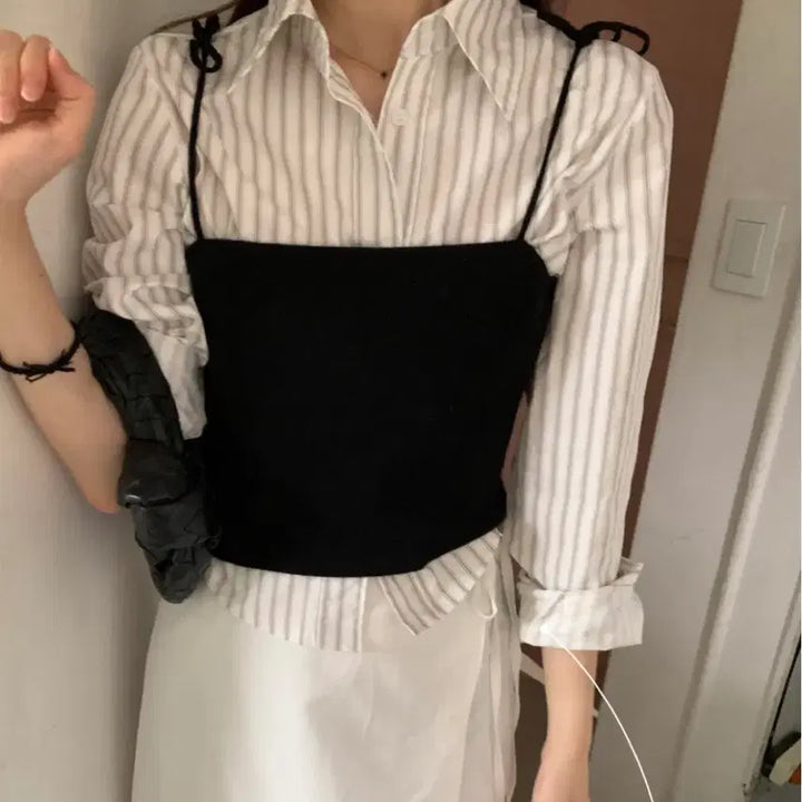 [BUNJANG] Stripe Crop Shirt / 스트라이프 크롭 셔츠