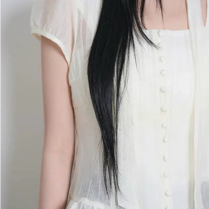 [BUNJANG] Illigo Ribbon Tie Square Neck Blouse Cream (S) / 일리고 리본 타이 스퀘어넥 블라우스 크림 (S)