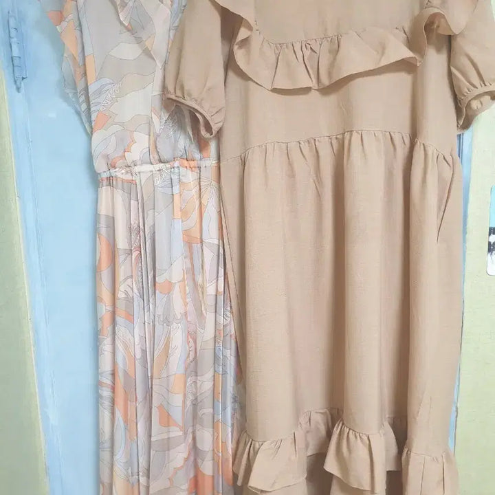 [BUNJANG] Chiffon Long Dress &amp; Puff Sleeve Mini Dress Set / 쉬폰 롱 원피스 / 프릴 반팔 미니 원피스