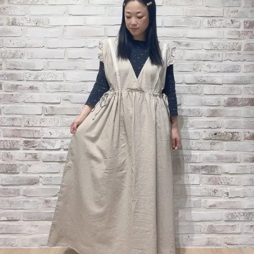 [BUNJANG] Linen Blend Lace Long Dress Apron Beige / 린넨 레이스 롱 원피스 베이지 에이프런