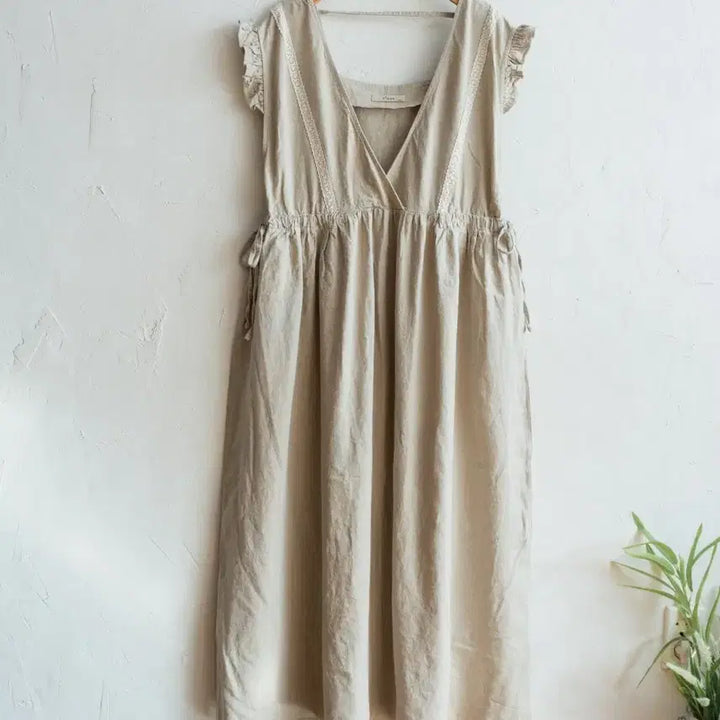 [BUNJANG] Linen Blend Lace Long Dress Apron Beige / 린넨 레이스 롱 원피스 베이지 에이프런