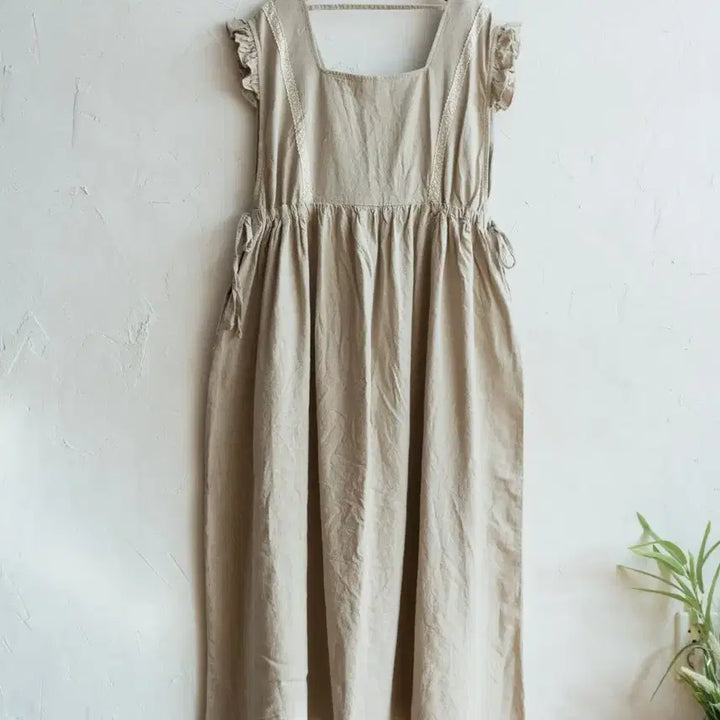[BUNJANG] Linen Blend Lace Long Dress Apron Beige / 린넨 레이스 롱 원피스 베이지 에이프런