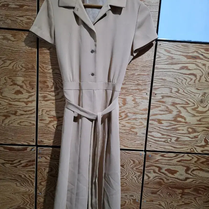 [BUNJANG] Beige Short-Sleeve Collar Dress with Belt Set / 마인 베이지 반팔 카라 원피스 벨트 세트