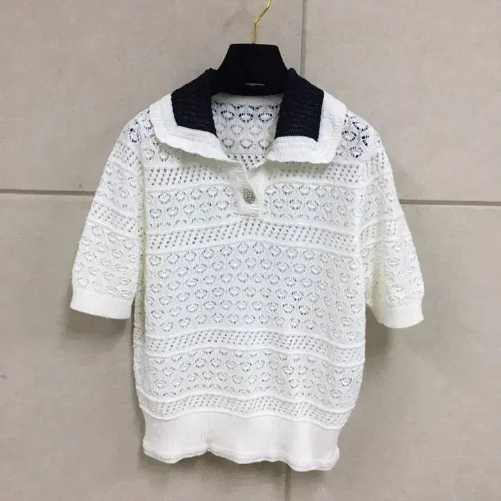 [BUNJANG] Nainkor White Jewel Button Crochet Short Sleeve Knit / nainkor화이트 보석단추 크로쉐 카라 반팔니트