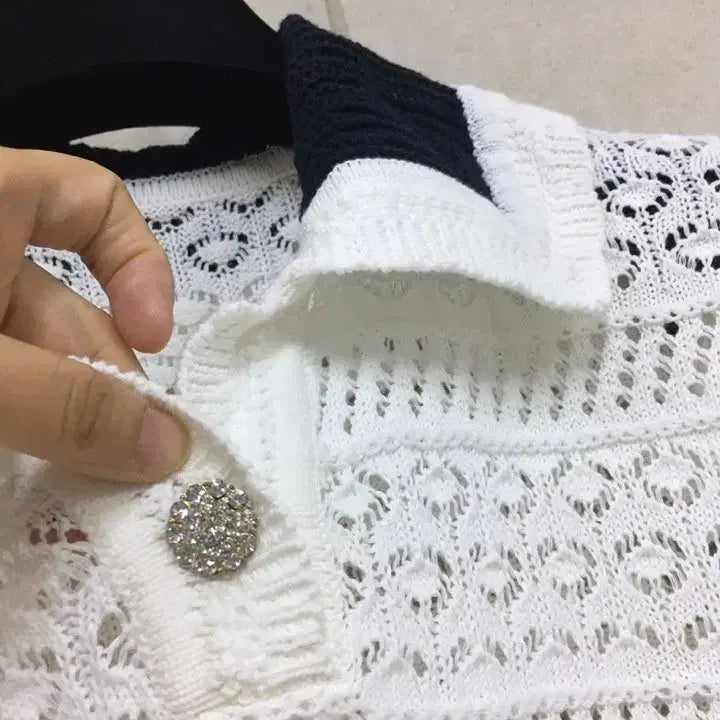 [BUNJANG] Nainkor White Jewel Button Crochet Short Sleeve Knit / nainkor화이트 보석단추 크로쉐 카라 반팔니트