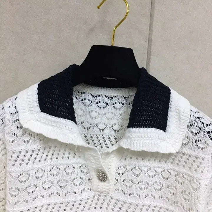 [BUNJANG] Nainkor White Jewel Button Crochet Short Sleeve Knit / nainkor화이트 보석단추 크로쉐 카라 반팔니트