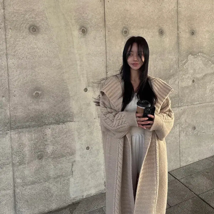 [BUNJANG] Beige Cable Knit Long Cardigan / 베이지 꽈배기 롱 가디건