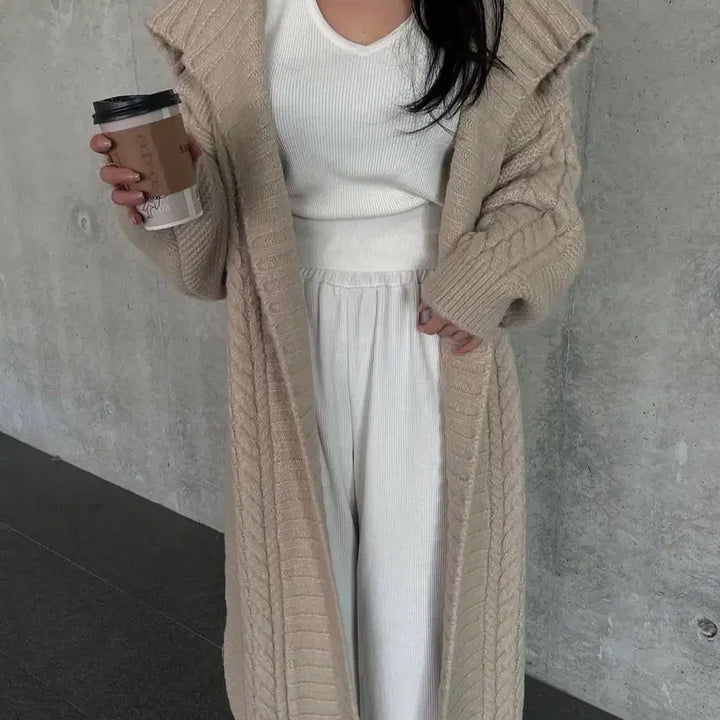 [BUNJANG] Beige Cable Knit Long Cardigan / 베이지 꽈배기 롱 가디건