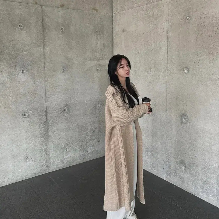 [BUNJANG] Beige Cable Knit Long Cardigan / 베이지 꽈배기 롱 가디건