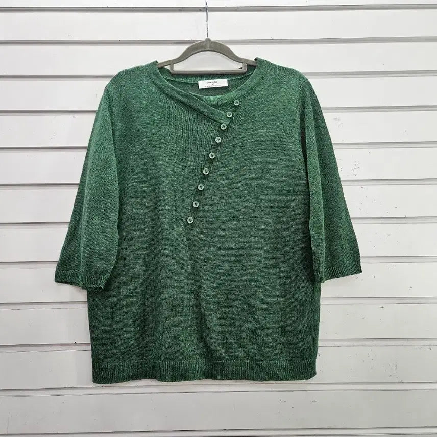 [BUNJANG] Green Button Detail Summer Knit 3/4 Sleeve Top / 그린 단추장식 썸머니트 칠부소매 티/보물찾기천사