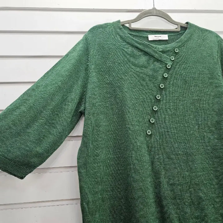 [BUNJANG] Green Button Detail Summer Knit 3/4 Sleeve Top / 그린 단추장식 썸머니트 칠부소매 티/보물찾기천사