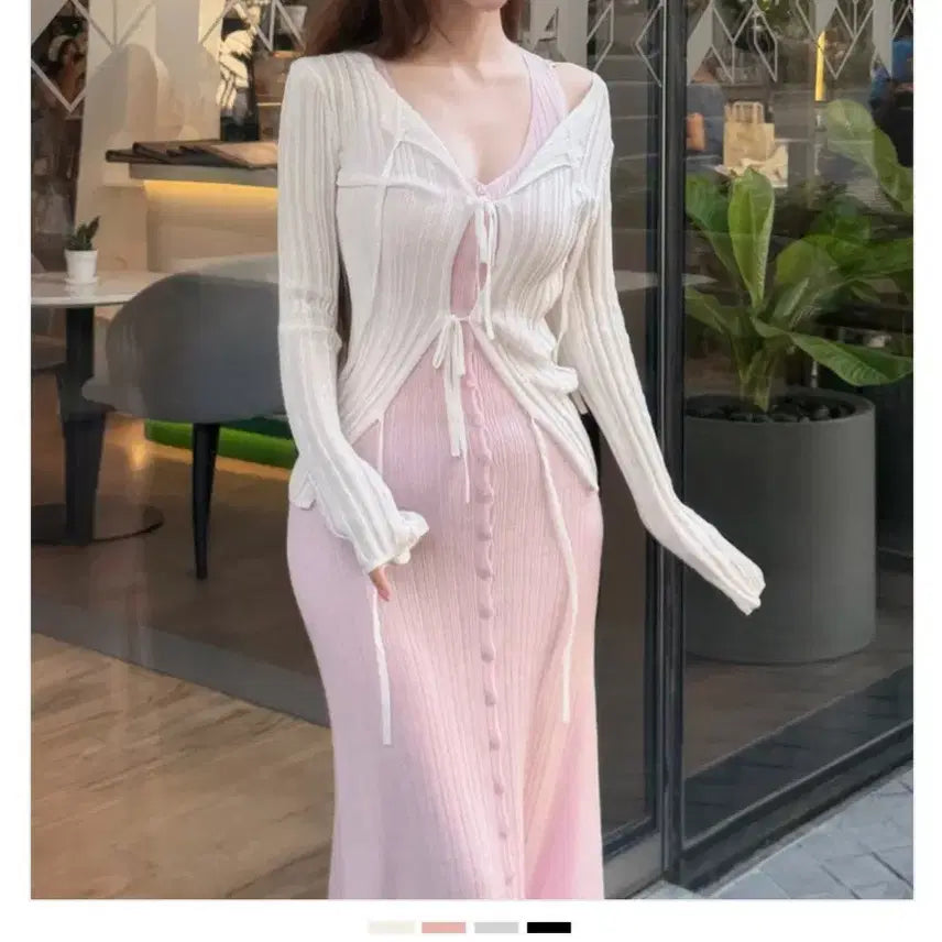 [BUNJANG] KindaMii Ribbon Ribbed Knit Cardigan / 새상품 카인다미 리본 골지 니트 가디건 백아이보리