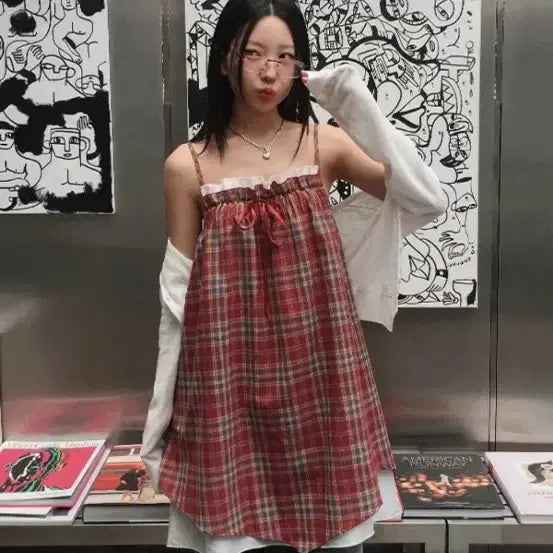 [BUNJANG] FORRING Shirring Ribbon Layered Sleeveless Mini Dress / 포르링 셔링 리본 레이어드 나시 미니 원피스